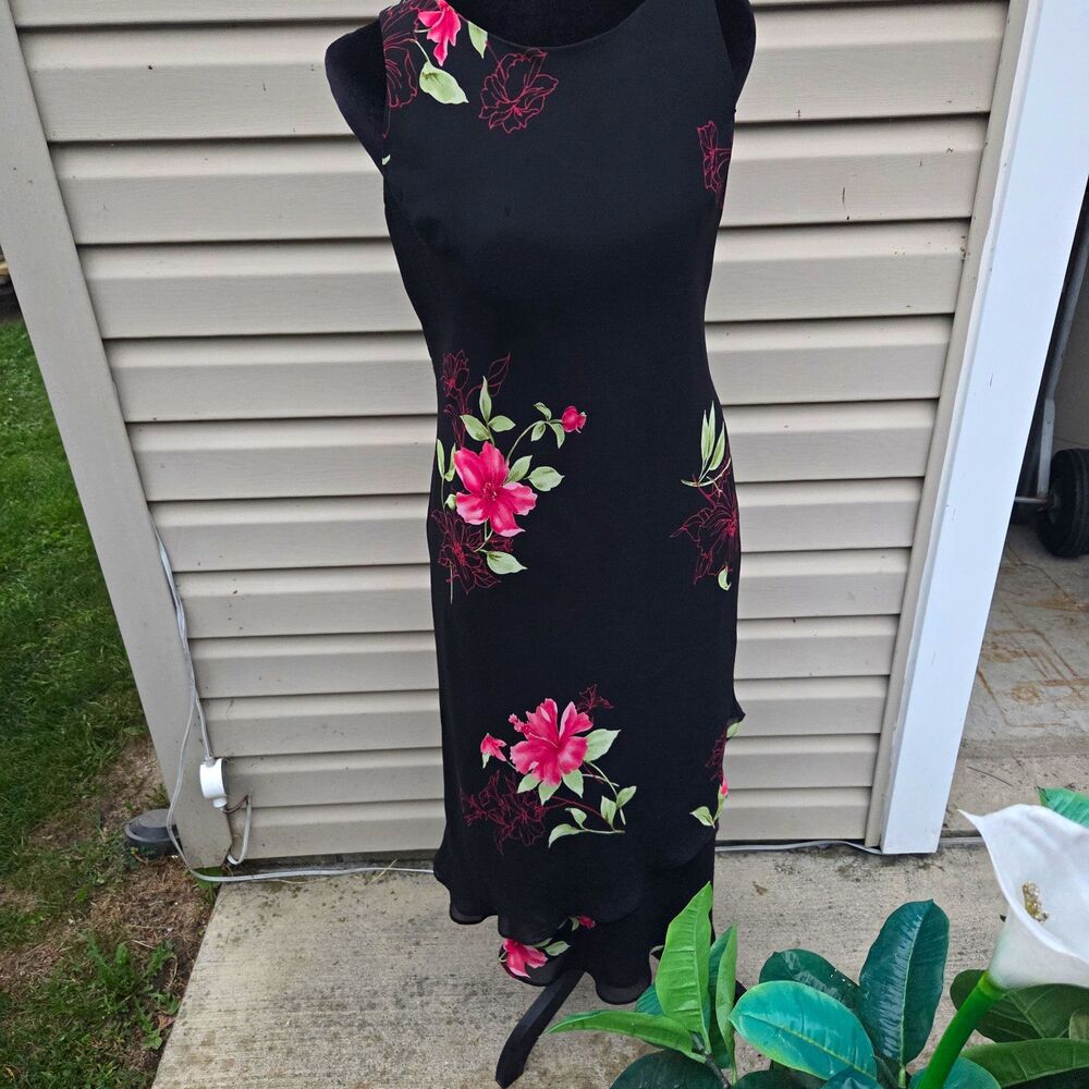 Studio I Size 8 Black Pink Green Floral Sleeveless Chiffon Shift Midi Dress